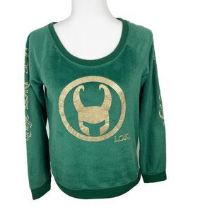Marvel Loki Sweater Women Small Green Gold Pullover Fleece Thor Sleepwear Pjammy